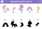 Unicorn shadow matching activity with rainbow, fairy, falling star, half-moon. Magic world puzzle with cute characters. Find