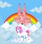 Unicorn at sky castle bright rainbow background