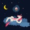 Unicorn sleeps on a cloud and dreams about a cupcake