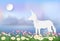 Unicorn standing in Cosmos flowers field paper art illustration