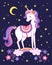 Unicorn is standing on a rainbow on the background of the night sky