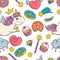 Unicorn sweet and donut set of stickers, pins, patches in cartoon comic style. seamless pattern