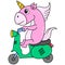 A unicorn is traveling on a vespa scooter motorcycle, doodle icon image kawaii