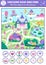 Unicorn vector searching game with magic village landscape. Spot hidden objects. Simple fantasy or fairytale world seek and find
