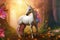 Unicorn wallpaper shows a fairytale story scene in an enchanted fantasy nature forest. Generative AI.