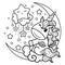 Unicorn winks sitting on the moon among the clouds and stars. Doodle style. Black and white image for coloring. Vector