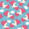 Unicorns with mane in form of crimson autumn leaves in blue sky, white clouds, pink butterflies and little birds in vector.