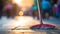 Unidentifiable person cleaning office floor, detailed shot with bright lighting, blurred background