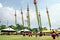 Unidentified actors perform at the Classical Thai Dance Drama with bamboo long pole on Celebrating of the King Rama 9 birthday.