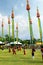 Unidentified actors perform at the Classical Thai Dance Drama with bamboo long pole on Celebrating of the King Rama 9 birthday.