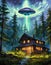 Unidentified Aerial Phenomena UAP as a mysterious alien spaceship above and an old wooden house in the fir forest at night.