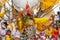 Unidentified balinese man performing in traditional masks during Galungan celebration in Ubud, Bali