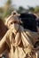 An unidentified bedouin man wears traditional clothing in Sahara desert