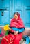 Unidentified flower vendor in Kathmandu, Nepal.