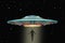 Unidentified flying object with the ascension of a person along a ray of light against the background of a starry sky. UFO Concept