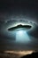 Unidentified flying object. Futuristic UFO on the black background with beam of light down.