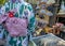 Unidentified Japanese lady wore green kimono shopping for good in Arashiyama