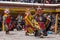 Unidentified monk in mask perform a religious masked and costumed mystery dance of Tibetan Buddhism