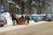 Unidentified people on the horse cart in snowy Zakopane town