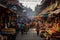 Unidentified people at the market in Mandalay, Myanmar, A bustling market place filled with colorful stalls and people, AI