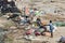 Unidentified poor local Traditional fisherman are living on the beach in the middle of the garbage and cows and goats, under tents