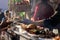 Unidentified stall holders are cooking and selling street food