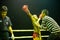 Unidentified young Muaythai fighters in ring during match, on Chang, Thailand.