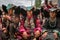 Unidentified Zanskari women wearing ethnic traditional Ladakhi headdress with turquoise stones called Perakh Perak, Ladakh, India