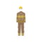 Uniform of fireman. Yellow helmet, brown jacket and pants with stripes. Protective firefighter clothes. Flat vector