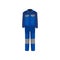 Uniform of plumber. Bright blue male jacket with pockets and pants. Working clothes of repairman. Flat vector design