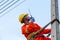 Uniformed electricians work on high-rise electricity poles along with safety equipment