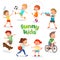 Uniformed happy kids playing sports. Active children vector characters