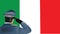 Uniformed soldier salutes the Italian flag visor