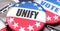 Unify and elections in the USA, pictured as pin-back buttons with American flag colors, words Unify and vote, to symbolize that t