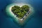 uninhabited tropical paradise island in the shape of a heart surrounded by the sea, aerial view