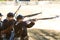 Union Army Civil War Reenactors Shoot Muskets In Firing Demonstration