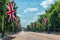 Union Jack flags and tourists on the Mall in London