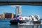 Union Jack hovercraft in Southampton, Hampshire with Itchen Bridge in the background