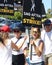 Union members walk the picket line in support of the SAG-AFTRA and WGA