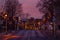 UNIONVILLE, GREATER TORONTO, CANADA - 12 22 2019: Sunset view along brightly decorated Main street of the historic