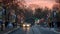 UNIONVILLE, GREATER TORONTO, CANADA - 12 22 2019: Sunset view along brightly decorated Main street of the historic