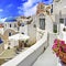 Unique architecture in cycladic style of beautiful Santorini island. colorful Greece series