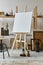 Unique artist workspace interior with wooden easel, bookcase, artworks, painting accessories, decoration.