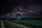 Unique attraction The Windmill in Tes Hungary. Old building, tourist attraction Night shot with milky way