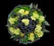 Unique bouquet consisting of blueberries, blackberries, lemons decorated with green carnations is isolated on a black background a
