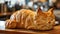 Unique bread loaf resembling an cat resting on a wooden table, Ai Generated