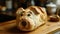 Unique bread loaf resembling an dog resting on a wooden table, Ai Generated