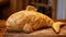 Unique bread loaf resembling an whale resting on a wooden table, Ai Generated