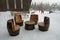 Unique chairs and table made of old wooden barrels