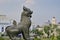 Unique Chinthe Statue in Maha Bandula Garden with beautiful colonial buildings in the background